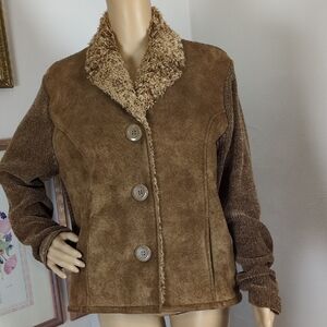 Faux Leather Coat with Shearling Collar and Knitted Sleeves Large
